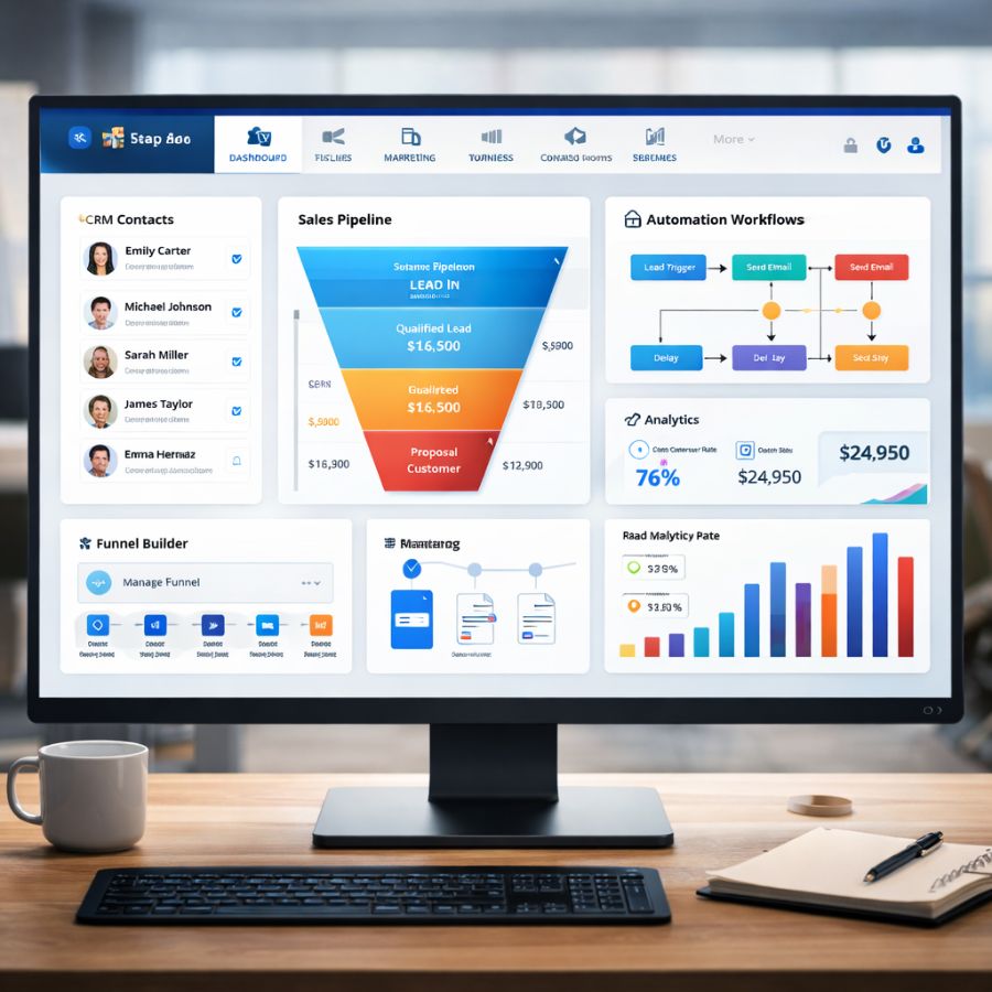 All-in-one marketing platform dashboard with CRM, funnel builder, automation workflows, and analytics in a clean SaaS interface