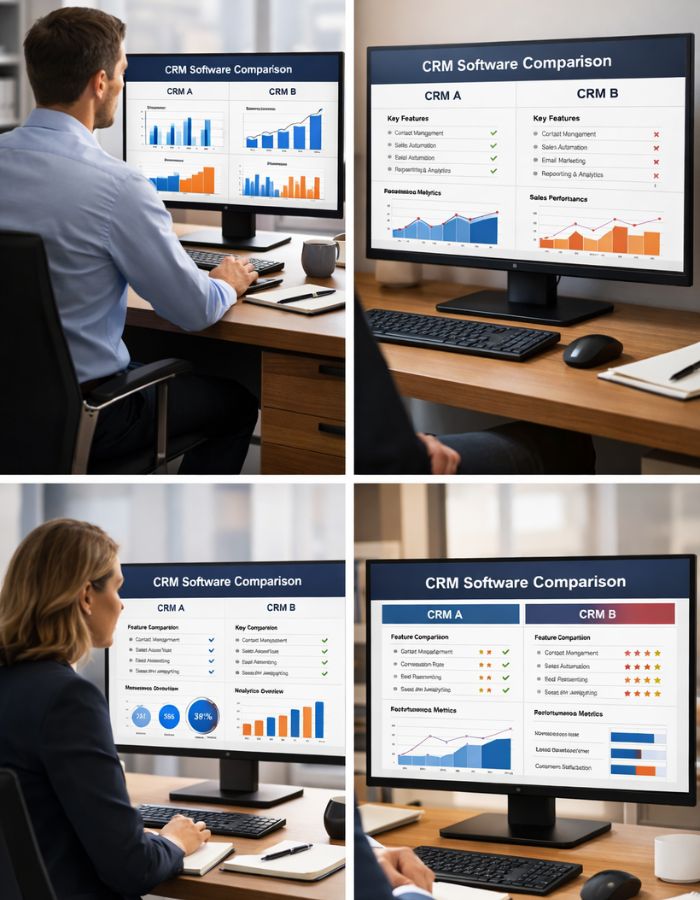 Modern business workspace showing CRM software dashboards, comparison layouts, sales pipelines, and analytics charts for customer management and business growth