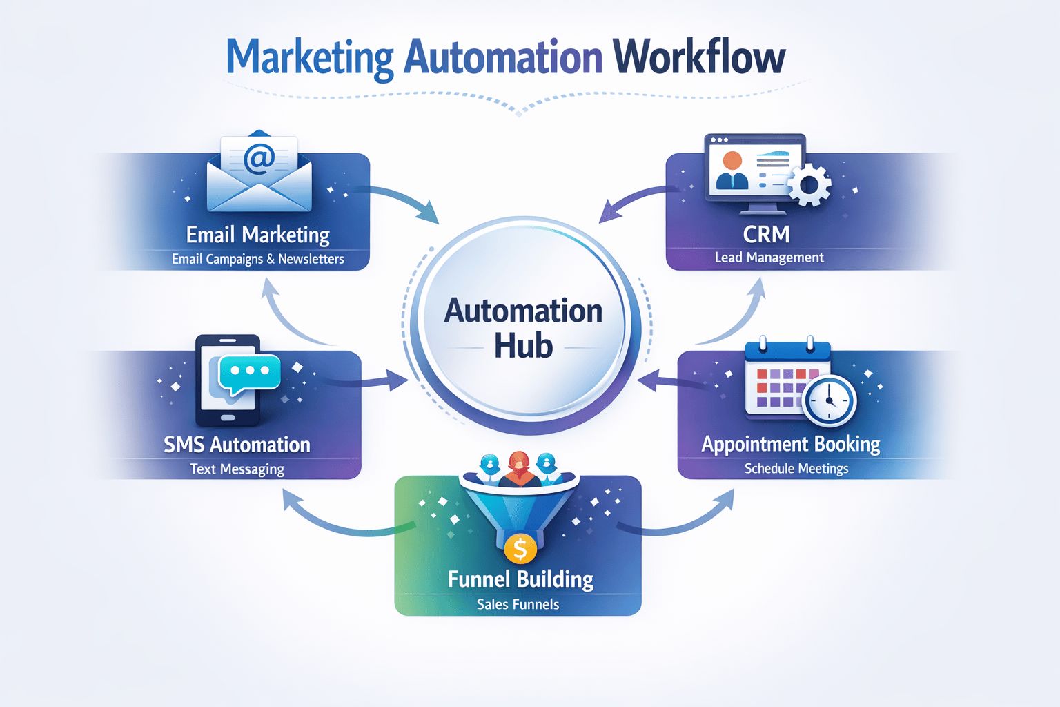 Best Marketing Automation Tools for Small Business Marketing automation workflow diagram showing CRM, email marketing, SMS automation, funnel building, and appointment booking system