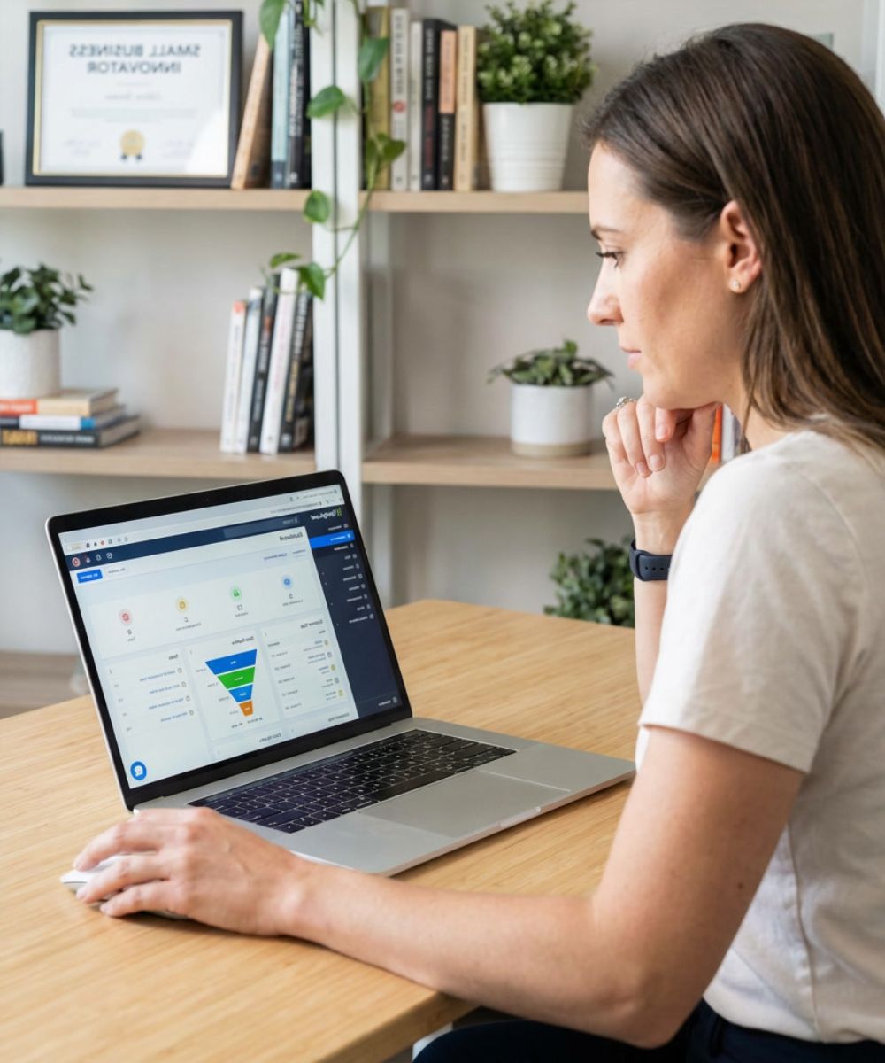 Best CRM for Small Business in 2026, Small business owner using GoHighLevel CRM software on laptop, managing customer data and sales pipeline in a modern office