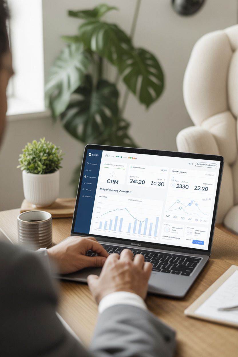 Best Marketing Automation Tools for Small Business Modern small business owner using laptop with marketing automation dashboard, CRM pipeline and email analytics in a professional workspace