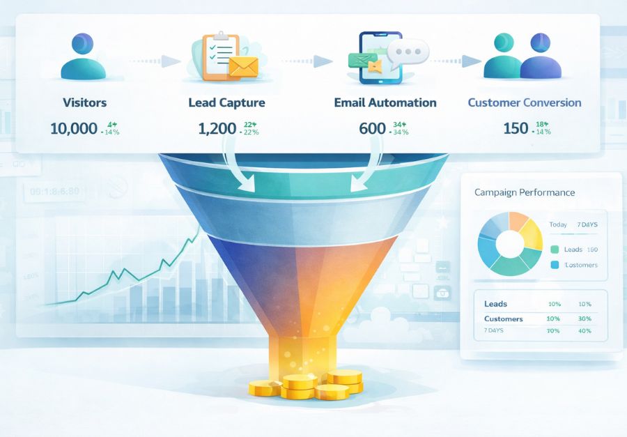 Marketing funnel showing visitors, lead capture, email automation and customer conversion