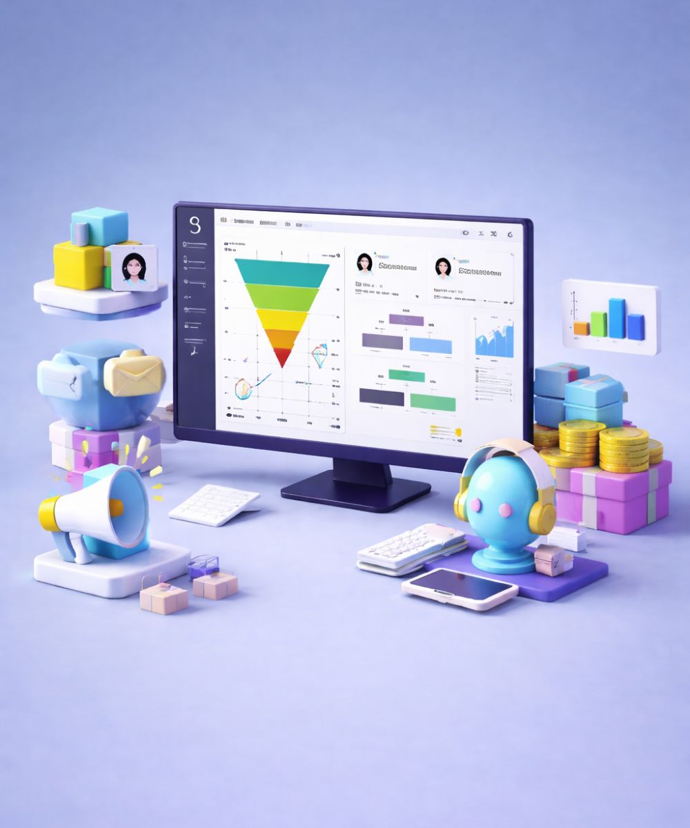 CRM and marketing automation software dashboard displayed on a 3D monitor with sales pipeline, analytics charts, customer data, and workflow automation elements