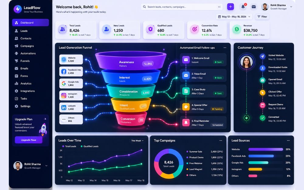 best CRM for lead generation 3D funnel dashboard CRM tracking automated email workflows customer journey SaaS analytics