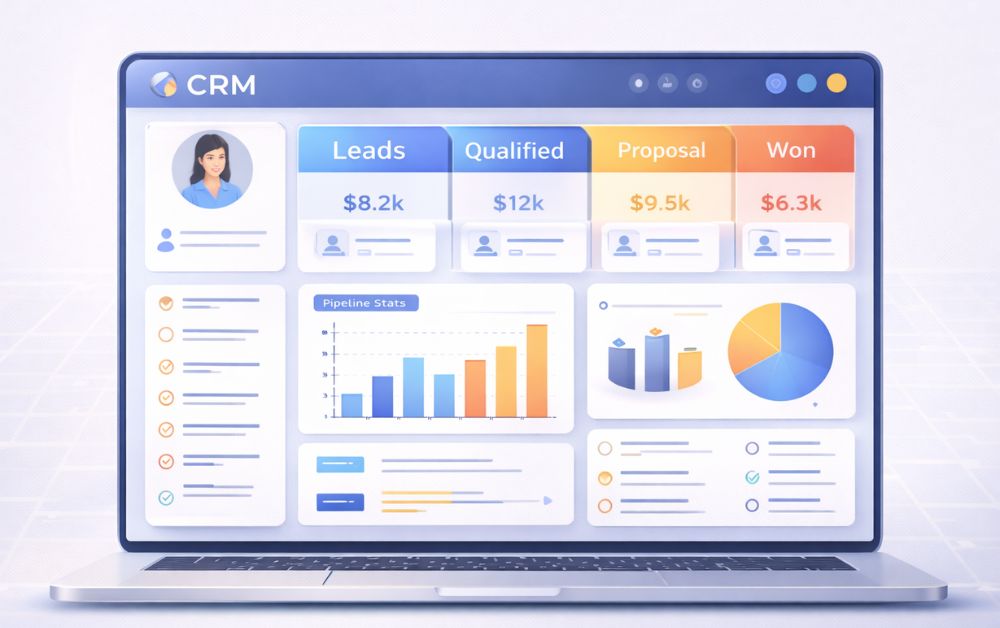 best CRM software for small business dashboard with sales pipeline, customer profiles, analytics charts, and marketing automation tools