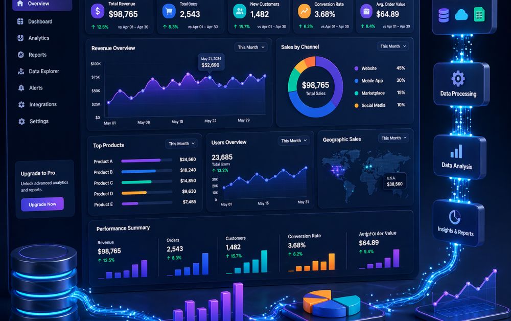 analytics tools for small business dashboard with real time data visualization charts graphs KPI metrics and business intelligence interface