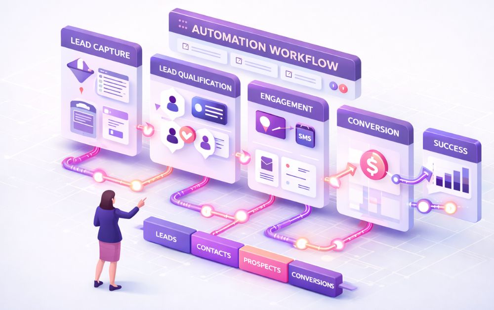GoHighLevel workflow automation system with CRM automation tools, marketing automation software, and sales funnel automation process