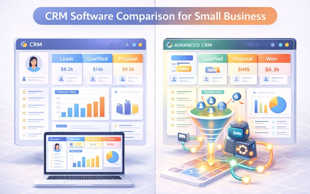 best CRM software comparison for small business showing split screen dashboards, sales pipeline, analytics charts, and marketing automation features