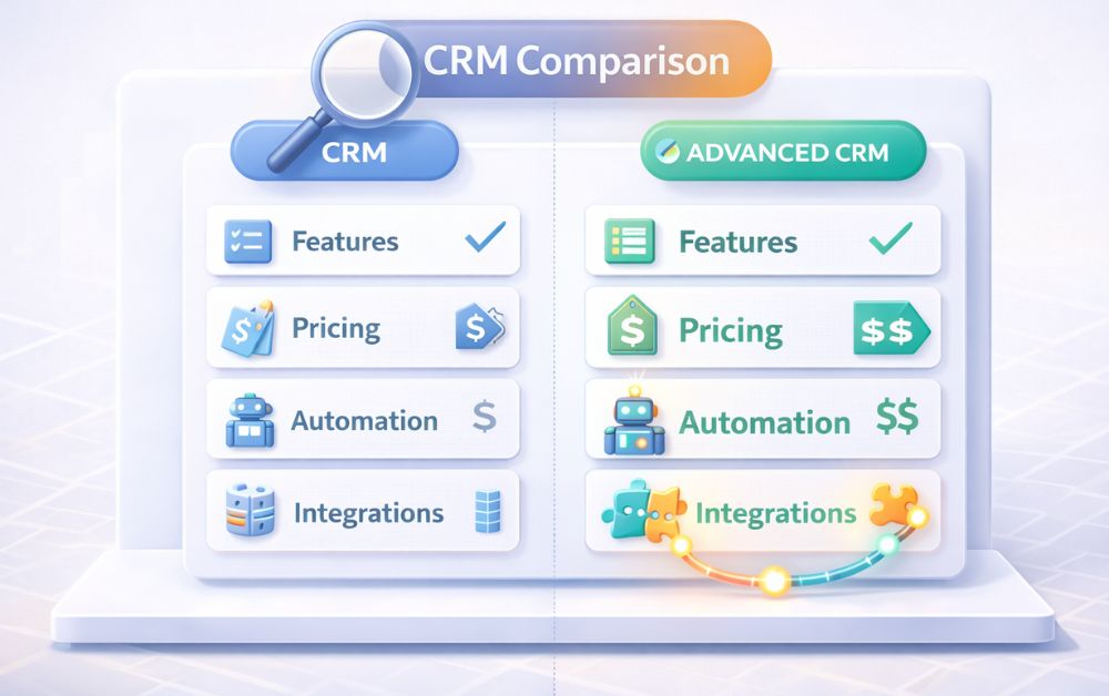 best CRM software comparison for small business infographic showing features pricing automation integrations and CRM tools comparison