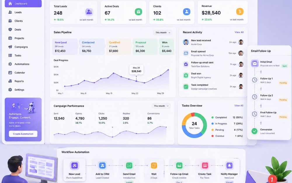 best CRM for marketing agency beginners workflow automation dashboard with lead tracking email follow up system and sales pipeline management