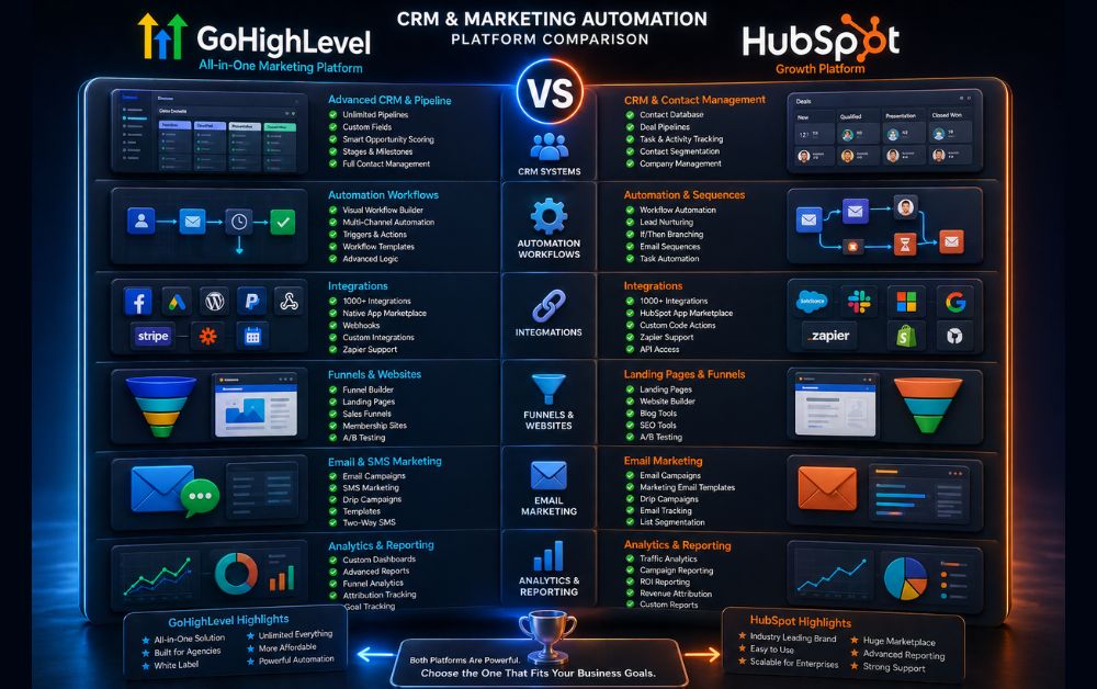 GoHighLevel vs HubSpot infographic showing CRM systems automation workflows integrations funnels and email marketing tools comparison