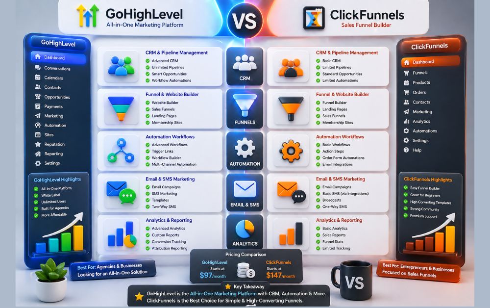 GoHighLevel vs ClickFunnels 3D infographic comparison showing CRM vs funnel builder automation workflows email and SMS marketing analytics dashboard