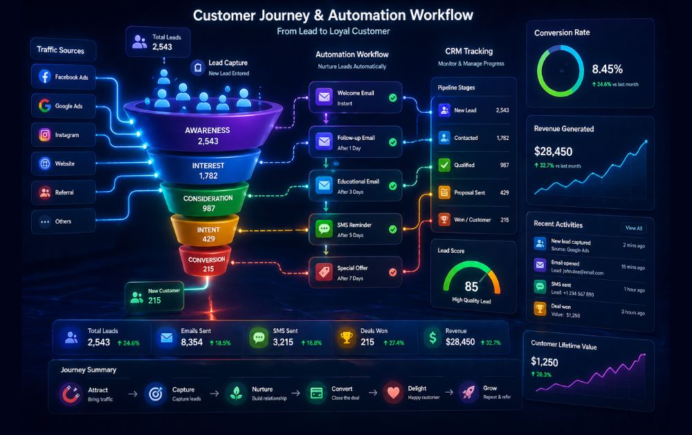 GoHighLevel vs ClickFunnels customer journey automation funnel showing lead capture workflow CRM tracking conversion stages and marketing automation system