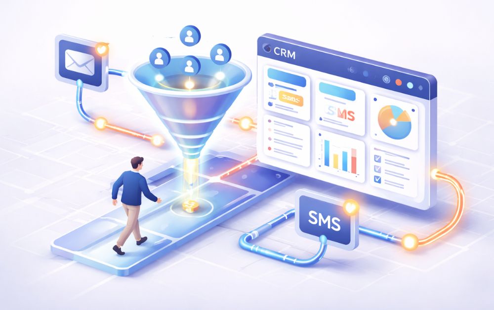 GoHighLevel workflow automation customer journey funnel with CRM tracking, marketing automation software, and automated email SMS flow