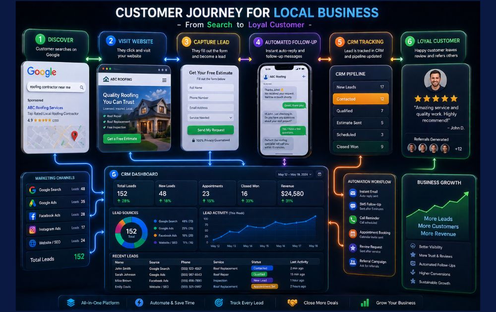 how to generate leads for local businesses customer journey showing Google search website visit lead capture automated follow up CRM tracking and conversion process