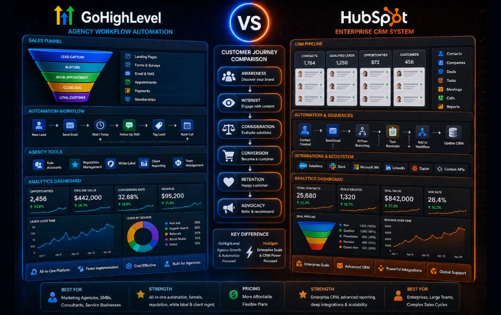 GoHighLevel vs HubSpot customer journey comparison showing agency workflow automation enterprise CRM system funnels analytics dashboards and integrations