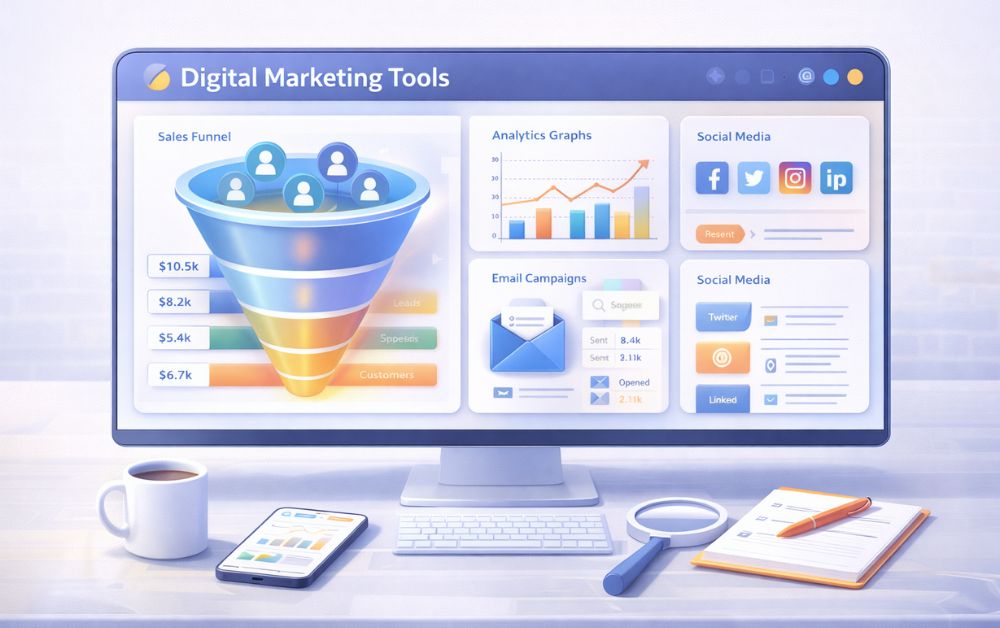 digital marketing tools for small business dashboard showing analytics graphs email campaigns social media icons and sales funnel visualization