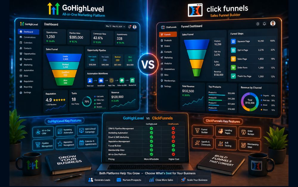 GoHighLevel vs ClickFunnels comparison dashboard showing CRM pipeline sales funnel automation workflows analytics charts and marketing tools
