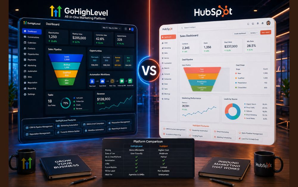 GoHighLevel vs HubSpot comparison dashboard showing CRM pipelines automation workflows analytics charts and SaaS marketing platform features