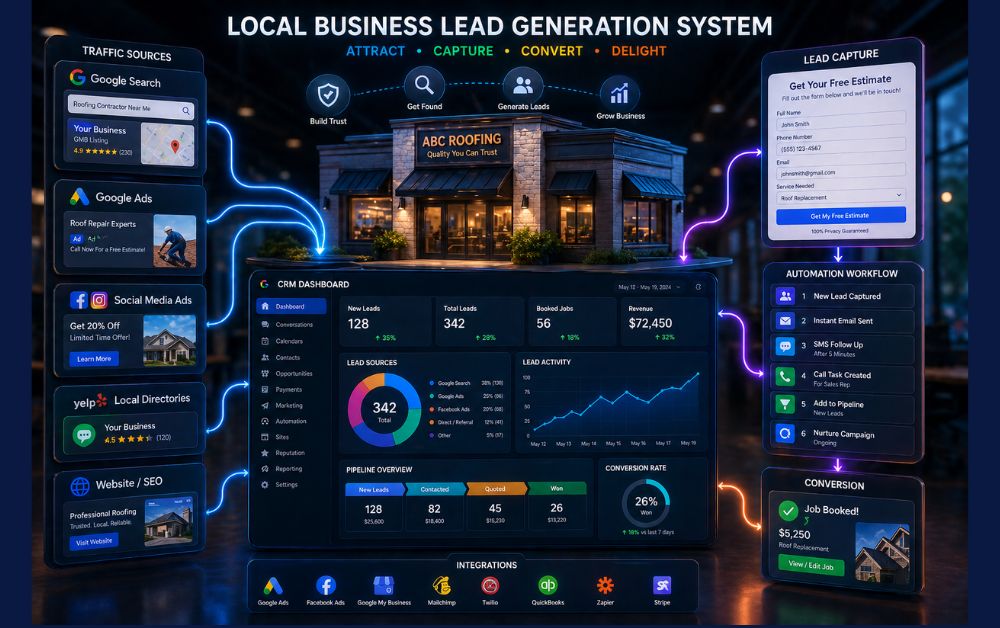how to generate leads for local businesses system showing storefront connected to Google search ads funnels CRM dashboard and automation workflow