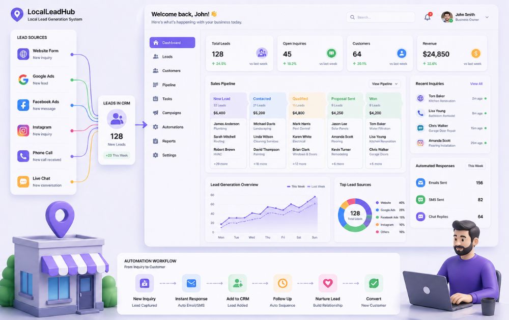 how to automate leads for local business system showing lead generation CRM dashboard automated responses and sales pipeline flow