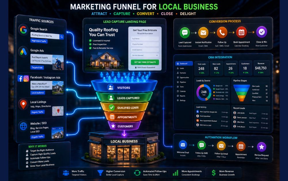 how to generate leads for local businesses marketing funnel showing ads traffic lead capture landing page CRM integration automation workflow and conversion process