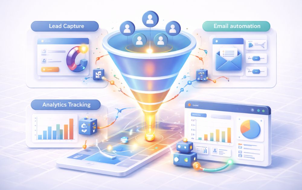 digital marketing tools for small business marketing funnel with lead capture email automation analytics tracking and CRM dashboard