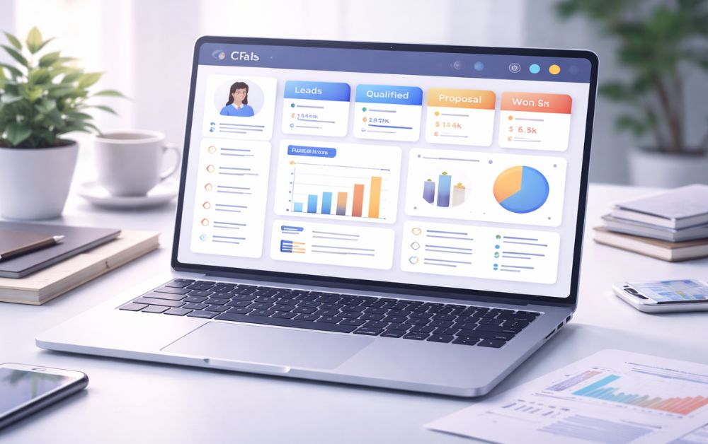 best CRM software for small business dashboard showing sales pipeline, customer data analytics, and automation features on laptop