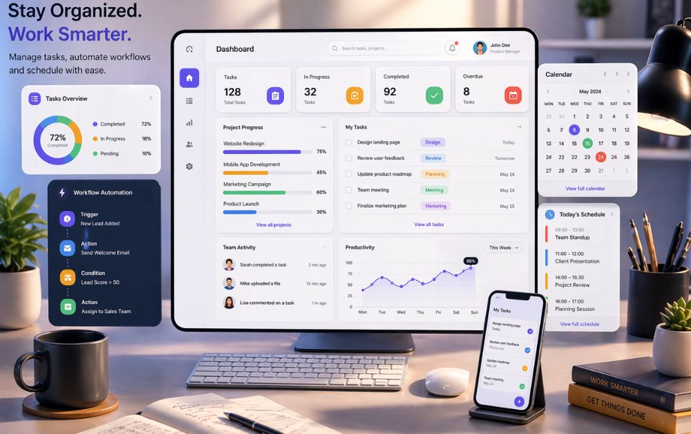 productivity tools for small business workspace with task management dashboard workflow automation calendar scheduling and team collaboration