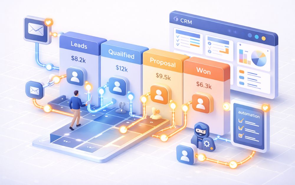 GoHighLevel CRM automation sales pipeline dashboard, CRM funnel automation system with lead generation, customer management, email and SMS marketing automation workflow