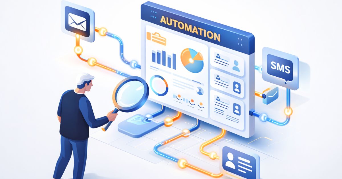 GoHighLevel automation tools dashboard showing CRM workflows, email and SMS automation system in 3D illustration