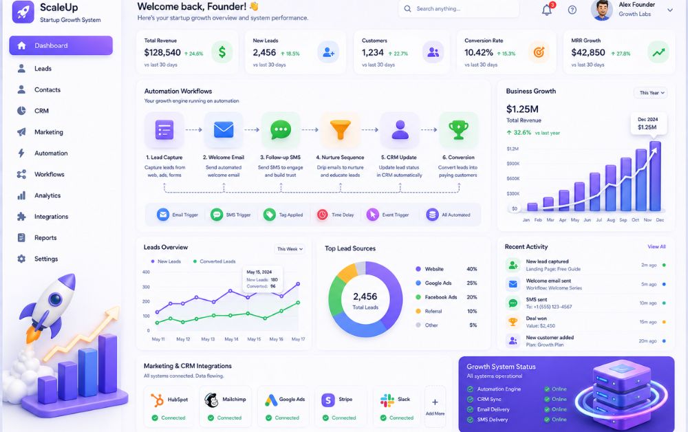 marketing automation tools for startups dashboard showing automation workflows CRM integration business growth charts and lead generation system