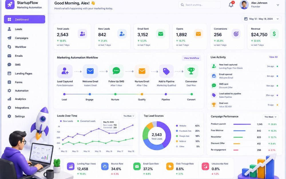 marketing automation tools for startups dashboard with workflow automation lead generation system analytics charts and SaaS interface