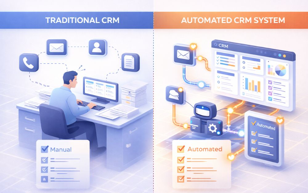 GoHighLevel CRM automation vs traditional CRM system comparison, manual vs automated sales pipeline, customer management, email and SMS marketing automation workflow dashboard