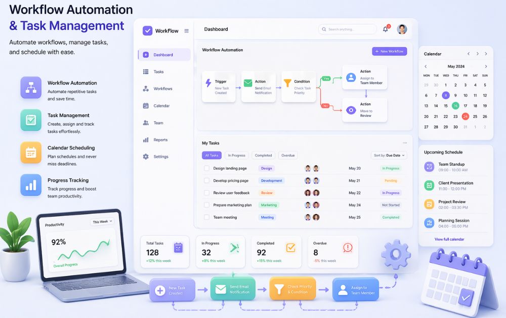 productivity tools for small business workflow automation and task management dashboard with calendar scheduling and process tracking