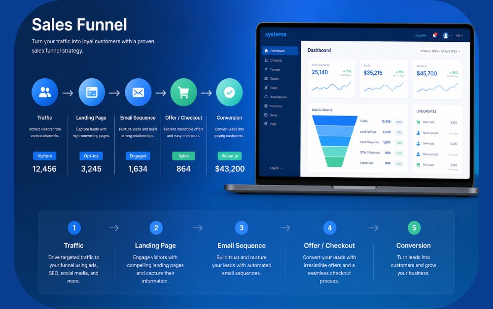 7 affordable sales funnel builders 2026 – modern digital sales funnel dashboard UI showing traffic to conversion journey with analytics, inspired by my honest Systeme.io choice