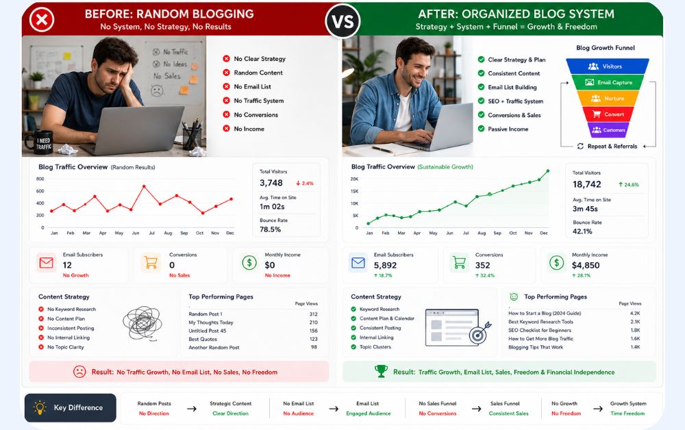 before vs after blogging system comparison infographic showing random blog traffic with no conversions versus organized blog funnel with email capture and audience growth