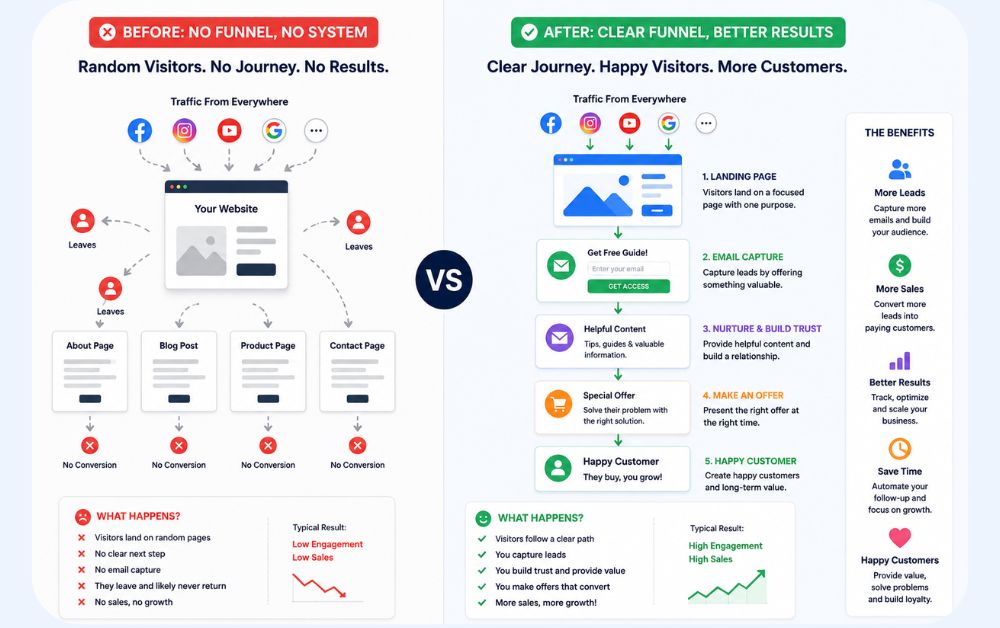 before vs after sales funnel comparison infographic showing random website visitors leaving versus organized funnel with email capture and customer journey