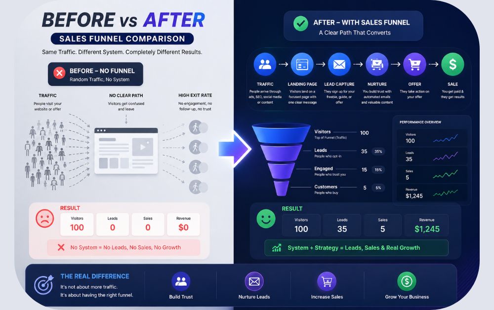 before vs after sales funnel comparison showing random traffic with no sales vs structured funnel generating leads and conversions with clear user journey