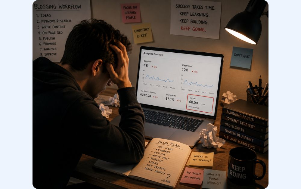 frustrated beginner blogger checking low website traffic and zero income analytics on laptop in a messy digital marketing workspace