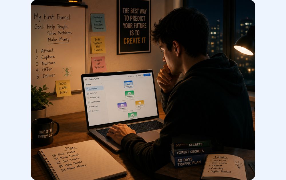 person building first online sales funnel at night with laptop organized workflow digital marketing system and beginner entrepreneur workspace