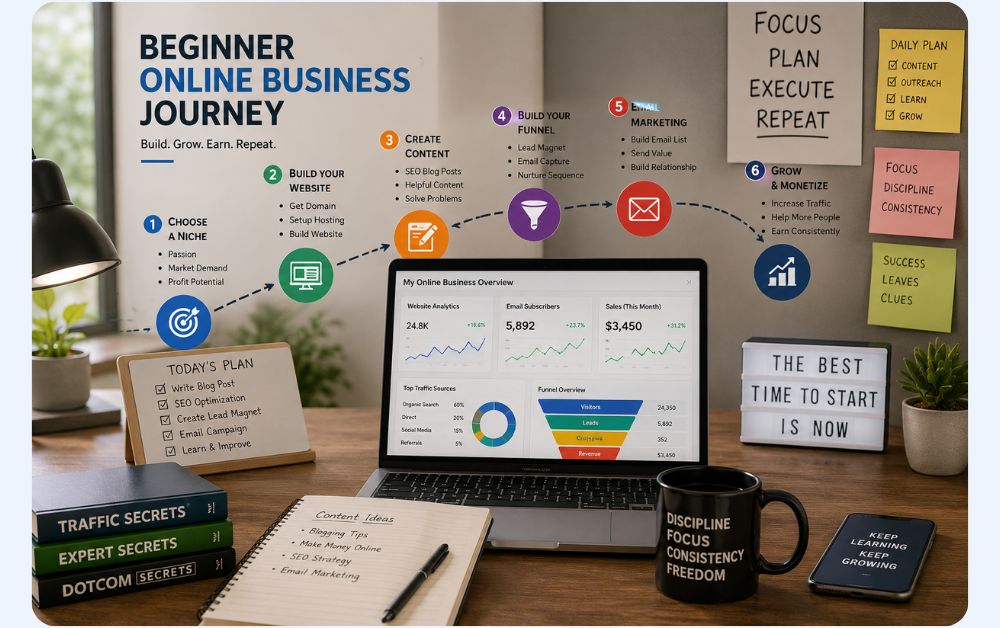 beginner online business journey showing blogging funnels email marketing website building and digital growth workflow in a realistic modern workspace