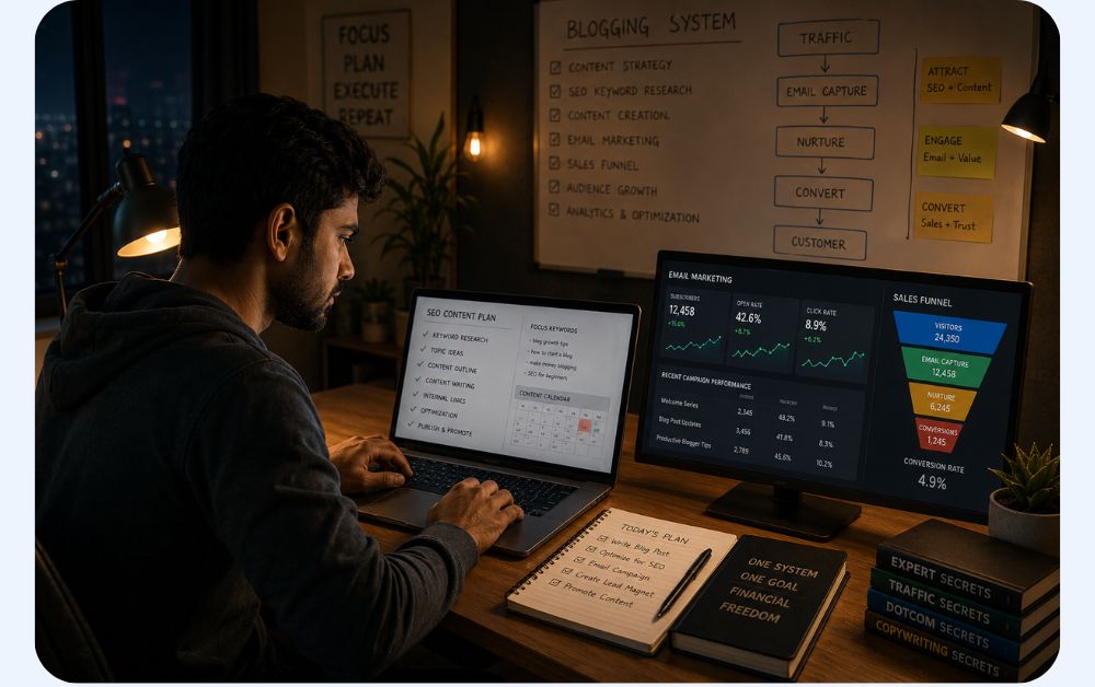blogger building online business at night with SEO content planning email marketing dashboard sales funnel workflow and organized digital marketing workspace