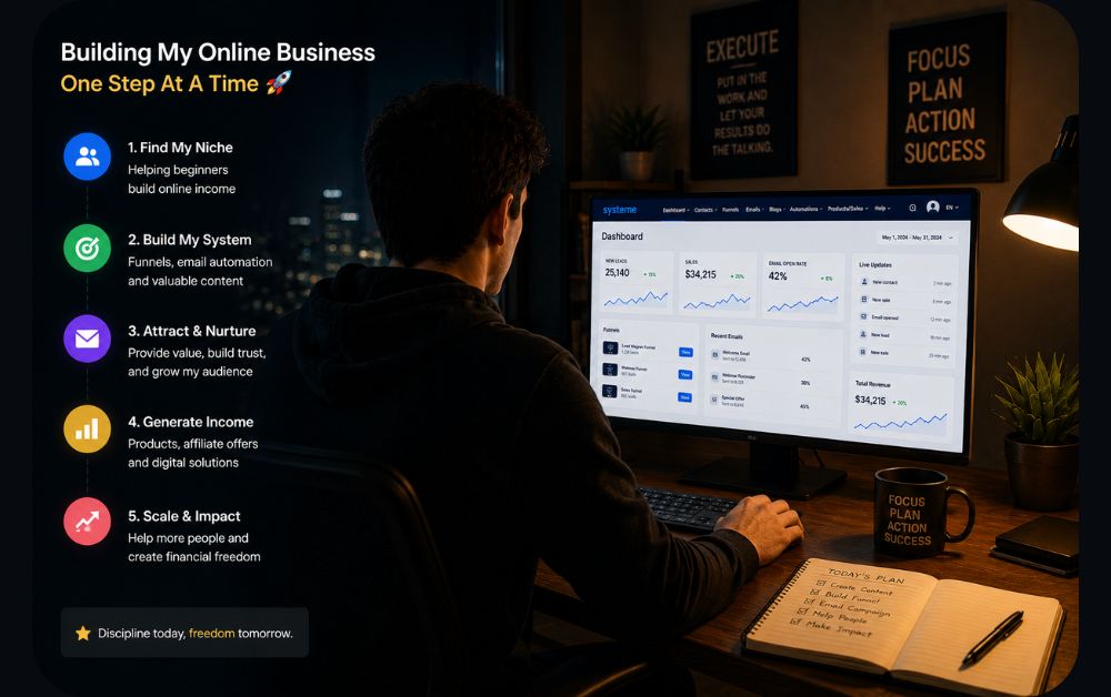 person building online business with systeme.io dashboard at night showing funnels email automation growth workflow and beginner entrepreneur journey