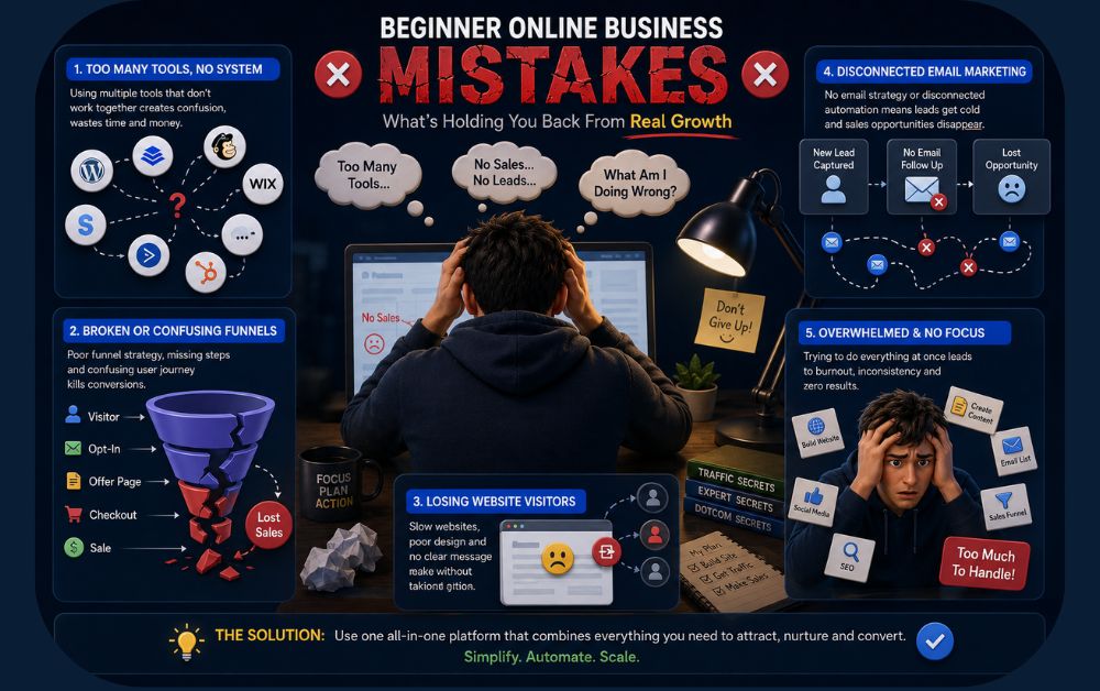 beginner online business mistakes infographic showing broken sales funnels disconnected email marketing confusing tools and lost website visitors ,7 Mistakes Beginners Make Before Building Their First Funnel