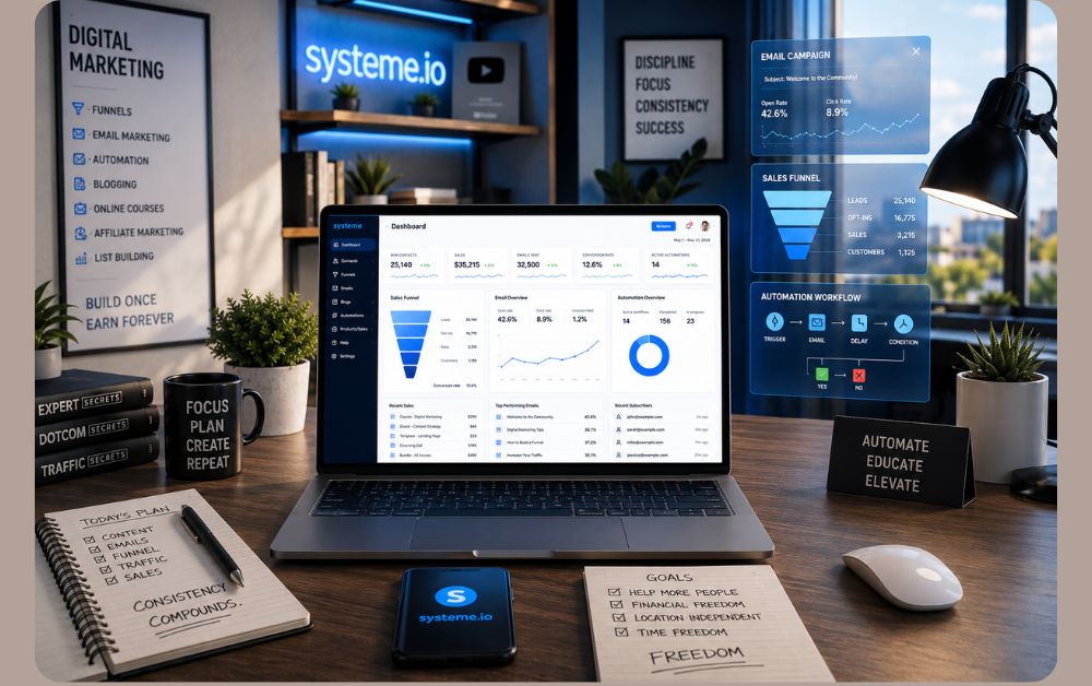 modern digital marketing automation workspace with laptop showing funnel dashboard email campaigns automation workflows and blogging setup