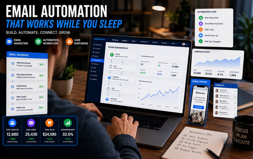 Email automation dashboard with workflow builder and marketing analytics