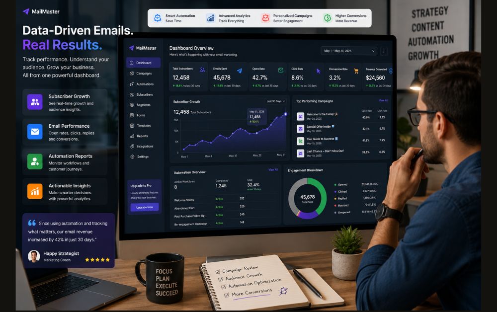 Marketing strategist reviewing email performance dashboard with subscriber growth charts and automation reports.