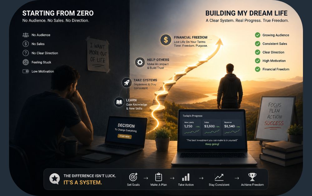 starting online business from zero to success journey showing dark to light transformation with laptop and growth path concept for beginners