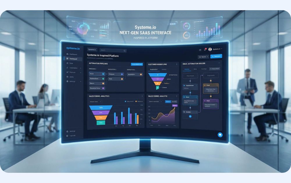 Futuristic business process automation software dashboard inspired by Systeme.io displayed on a curved monitor with automation pipelines, customer workflow systems, sales funnel analytics, and email automation builder in a modern corporate office
